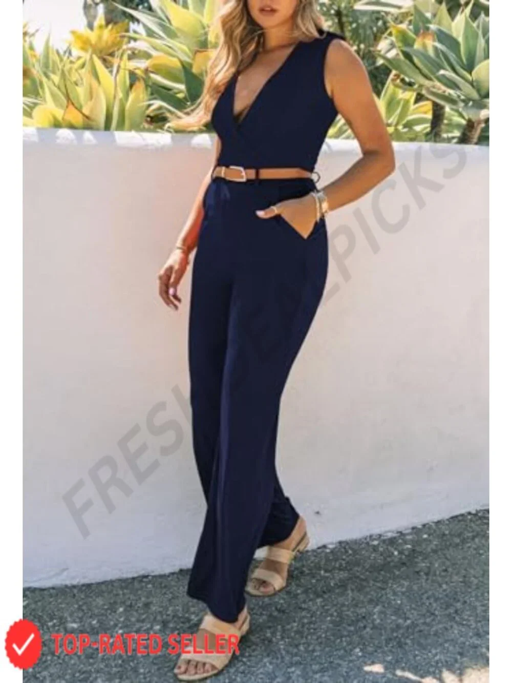 Women's Wide Leg Jumpsuit V-Neck Sleeveless Romper with Pockets & Belt